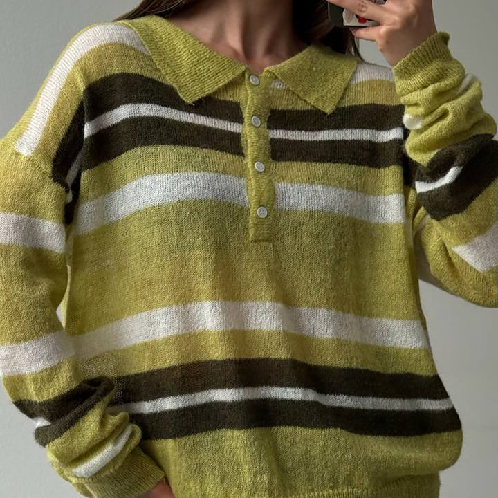 Kvinnors chunky stickad tröja med polokrage och blockränder Mirla-Eva Jonsson