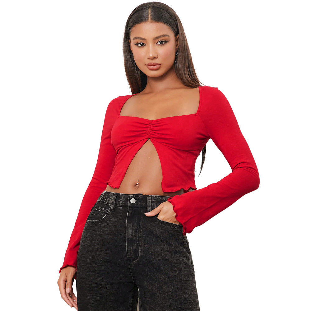 Kvinnors crop shirt med charmiga rynkelement och långa ärmar Mirla-Eva Jonsson