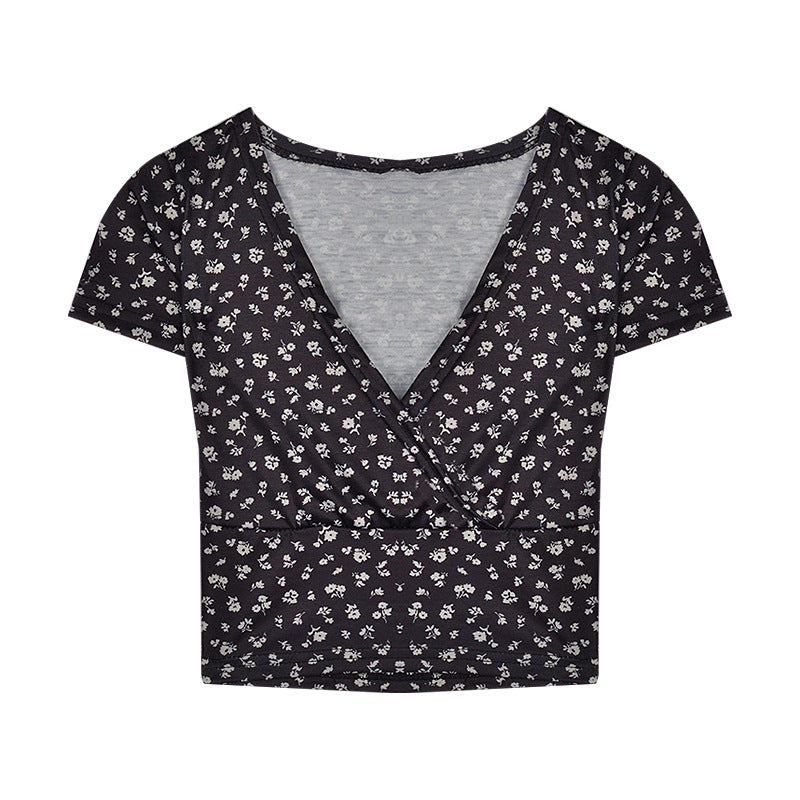 Kvinnors crop top med blommönster och elegant V-hals-Eva Jonsson