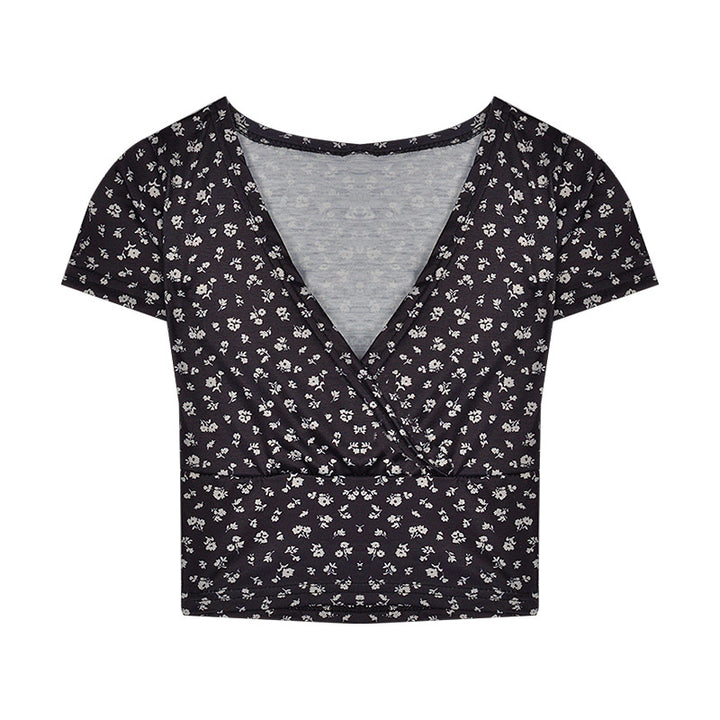 Kvinnors crop top med blommönster och elegant V-hals-Eva Jonsson