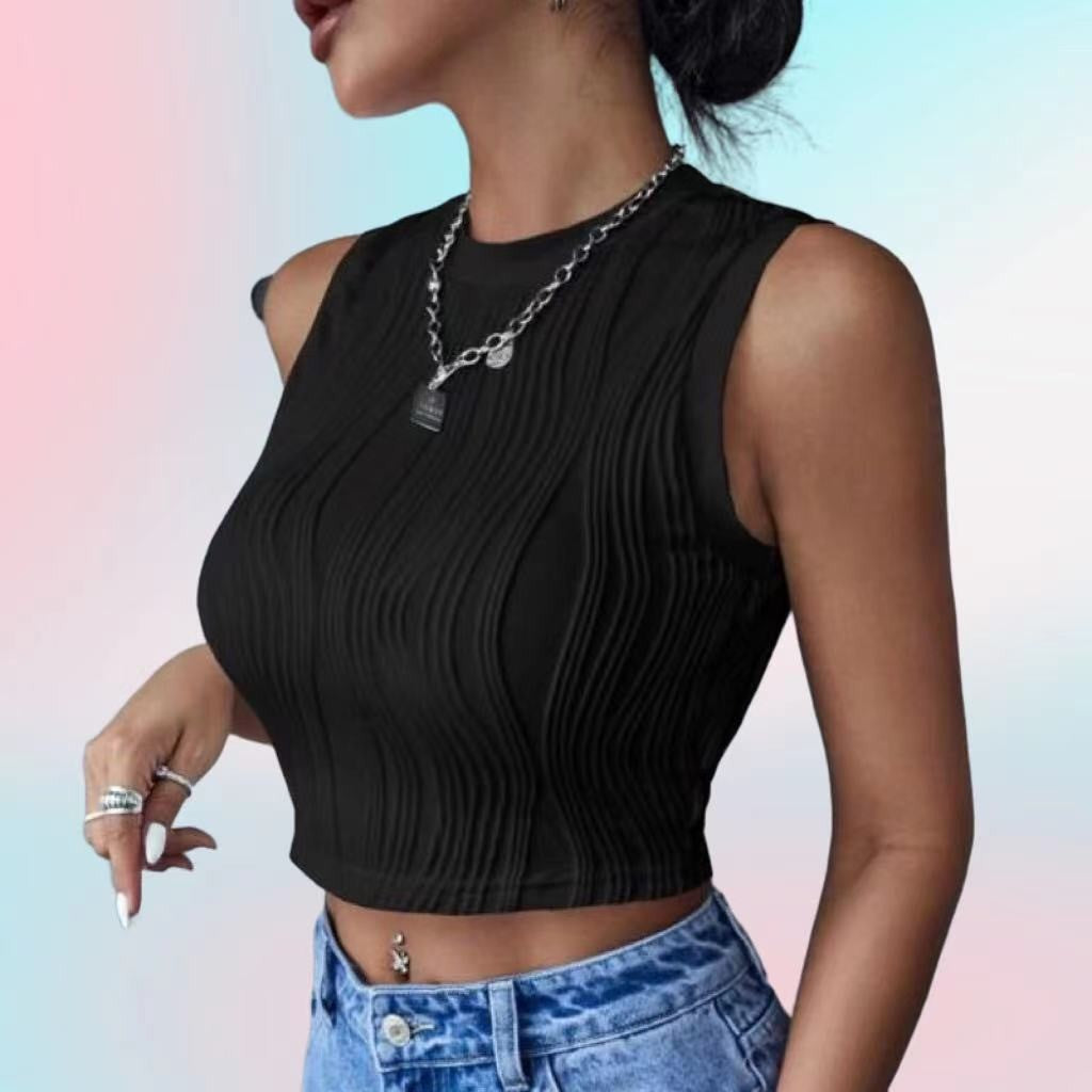 Kvinnors crop top med texturerad yta och hög hals-Eva Jonsson