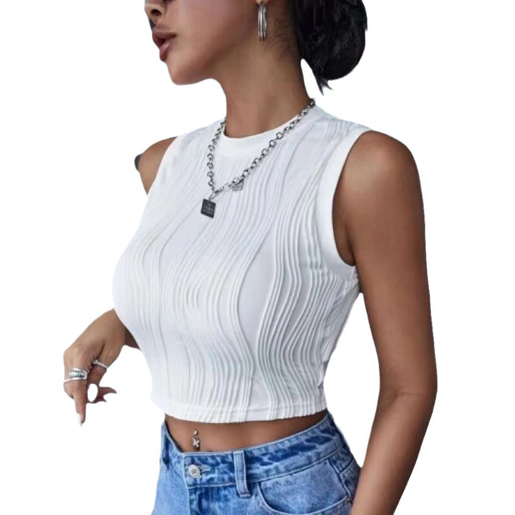 Kvinnors crop top med texturerad yta och hög hals-Eva Jonsson