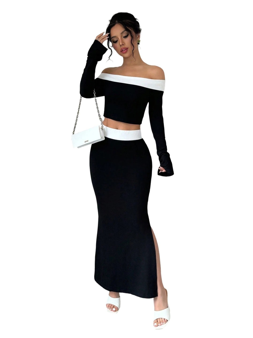 Kvinnors crop top och maxi kjol set med off-shoulder design Mirla-Eva Jonsson