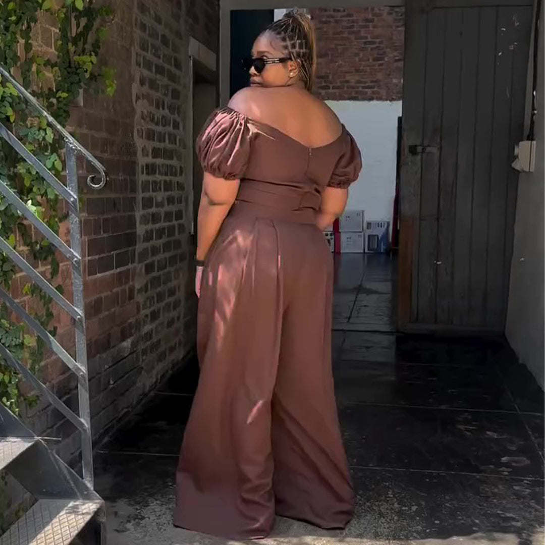 Kvinnors crop top och palazzo byxa set med voluminösa ärmar och eleganta veck Mirla-Eva Jonsson