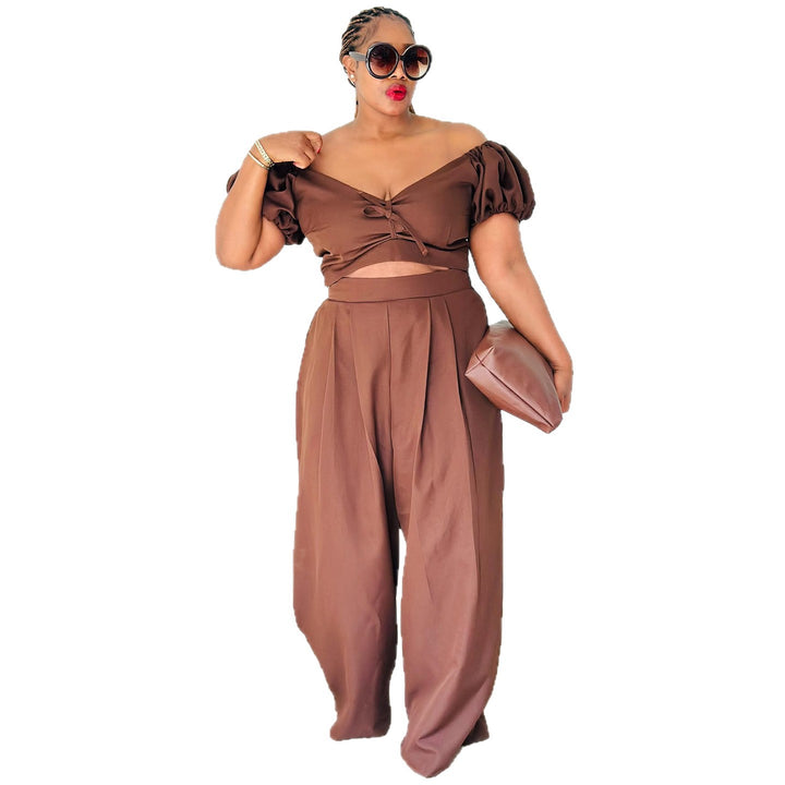 Kvinnors crop top och palazzo byxa set med voluminösa ärmar och eleganta veck Mirla-Eva Jonsson