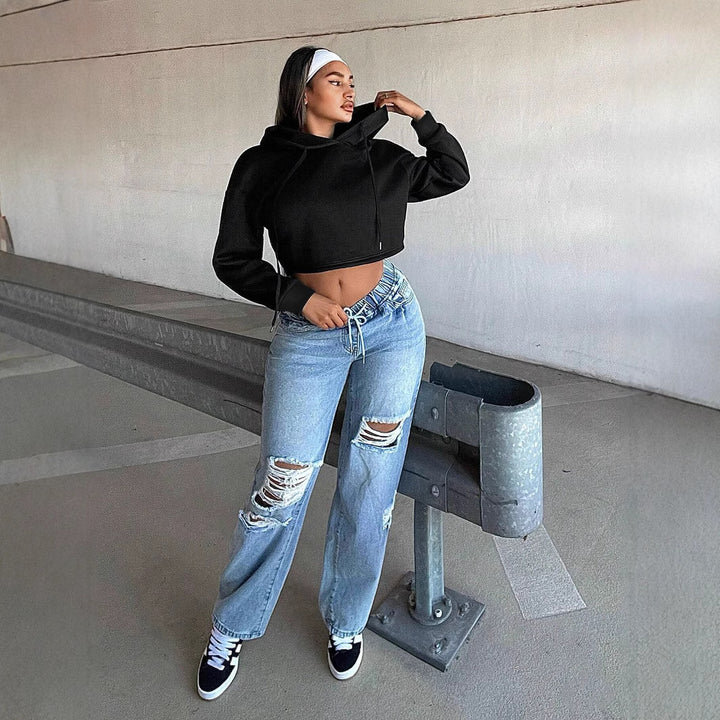 Kvinnors cropped sweatshirt med lös passform och huva Mirla-Eva Jonsson
