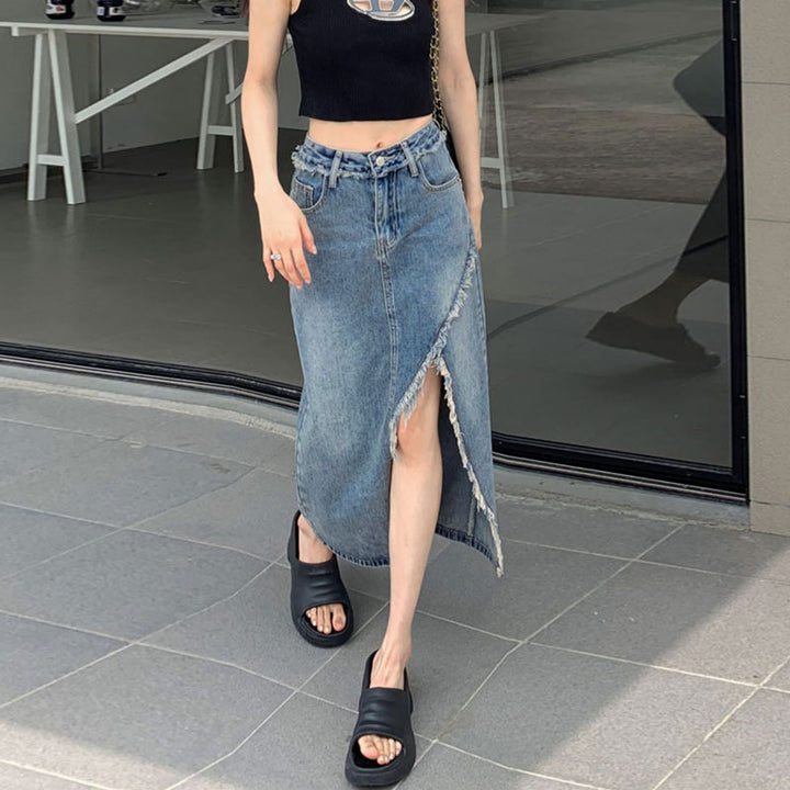 Kvinnors denim midi kjol med asymmetrisk fåll Mirla-Eva Jonsson