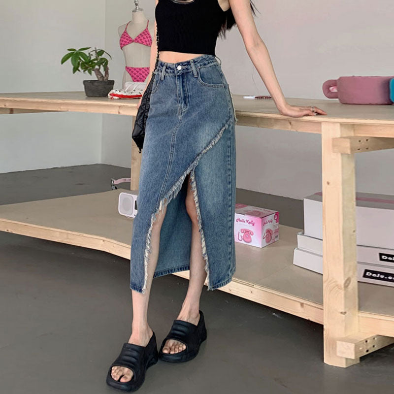 Kvinnors denim midi kjol med asymmetrisk fåll Mirla-Eva Jonsson