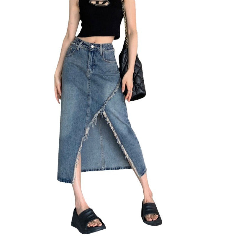 Kvinnors denim midi kjol med asymmetrisk fåll Mirla-Eva Jonsson