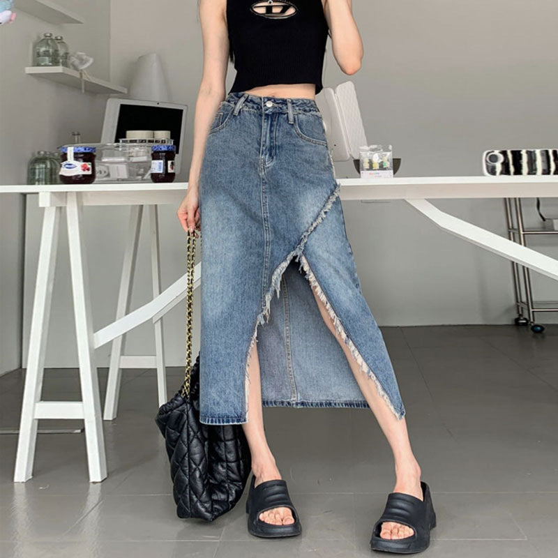 Kvinnors denim midi kjol med asymmetrisk fåll Mirla-Eva Jonsson