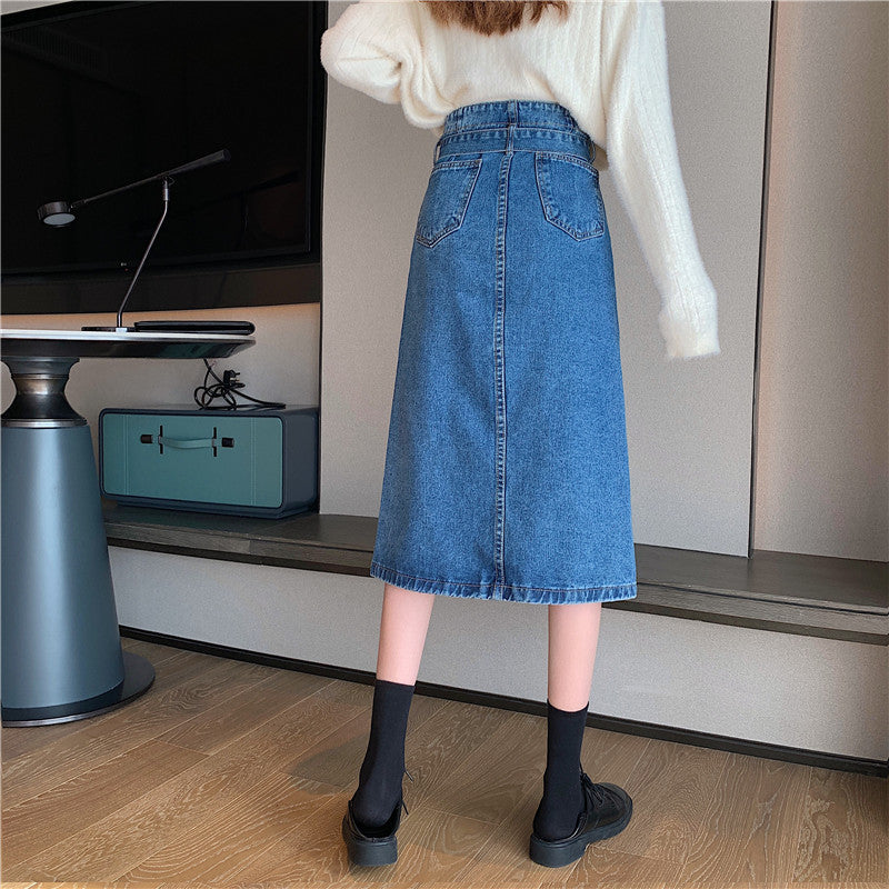 Kvinnors denim midi kjol med avtagbart bälte Mirla-Eva Jonsson