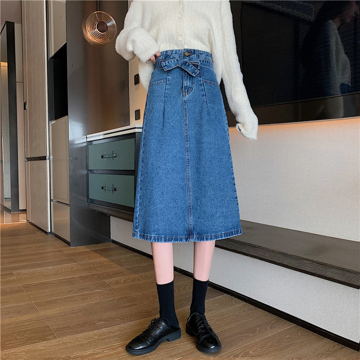 Kvinnors denim midi kjol med avtagbart bälte Mirla-Eva Jonsson