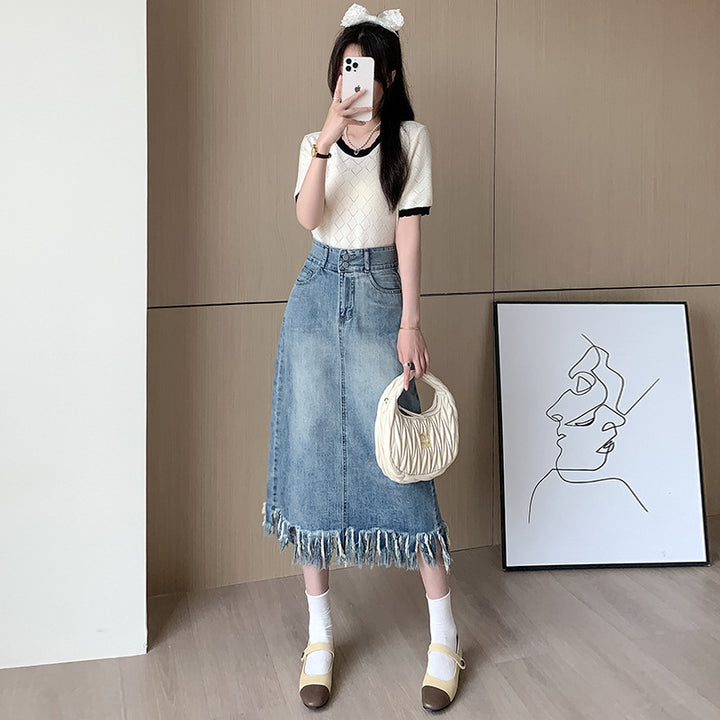 Kvinnors denim midi kjol med fransad nederkant Mirla-Eva Jonsson