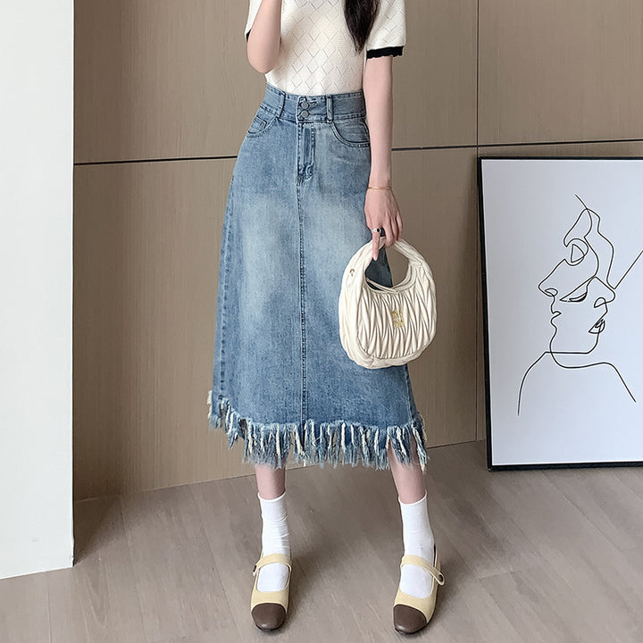 Kvinnors denim midi kjol med fransad nederkant Mirla-Eva Jonsson