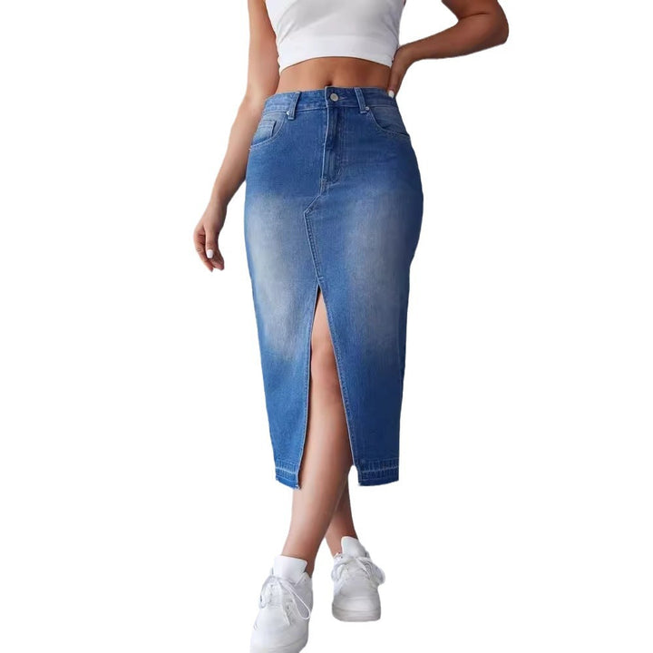 Kvinnors denim midi kjol med hög slits och skräddarsydd passform Mirla-Eva Jonsson