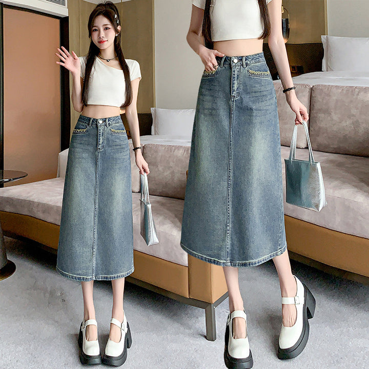 Kvinnors denim midi kjol med utsvängd fåll Mirla-Eva Jonsson
