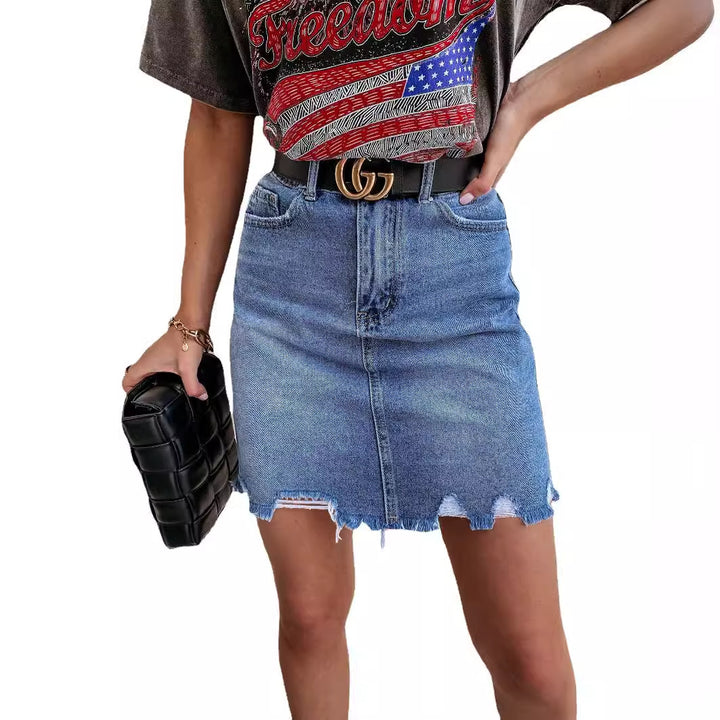 Kvinnors denim mini kjolar i vintage stil med fransad fåll Mirla-Eva Jonsson
