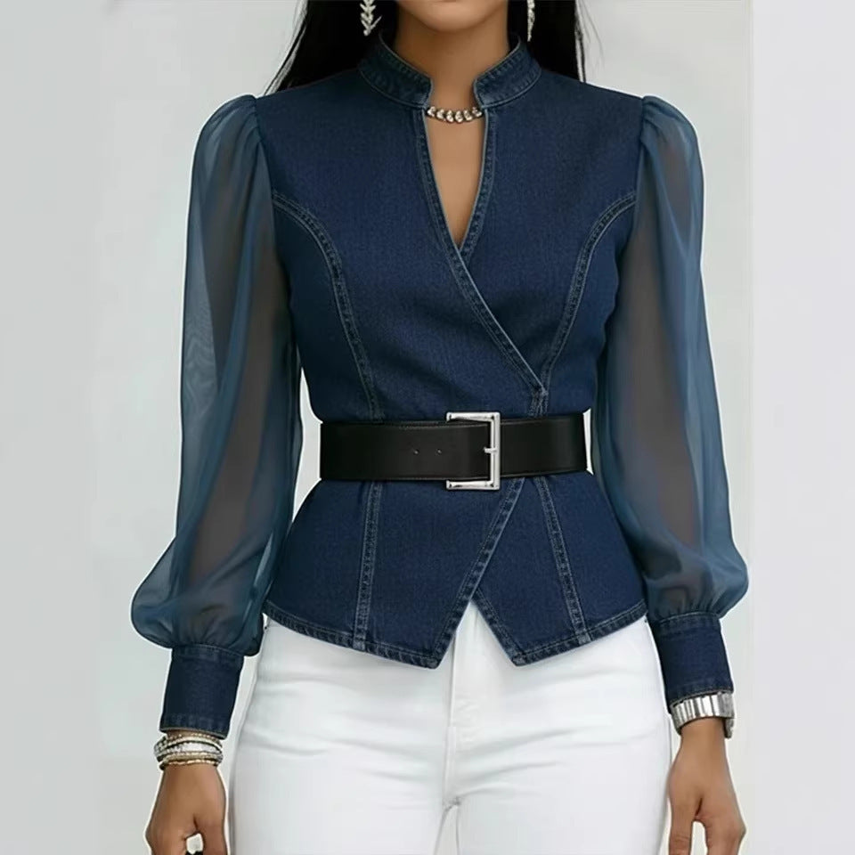 Kvinnors denimblus med transparenta ärmar och figurnära design Mirla-Eva Jonsson