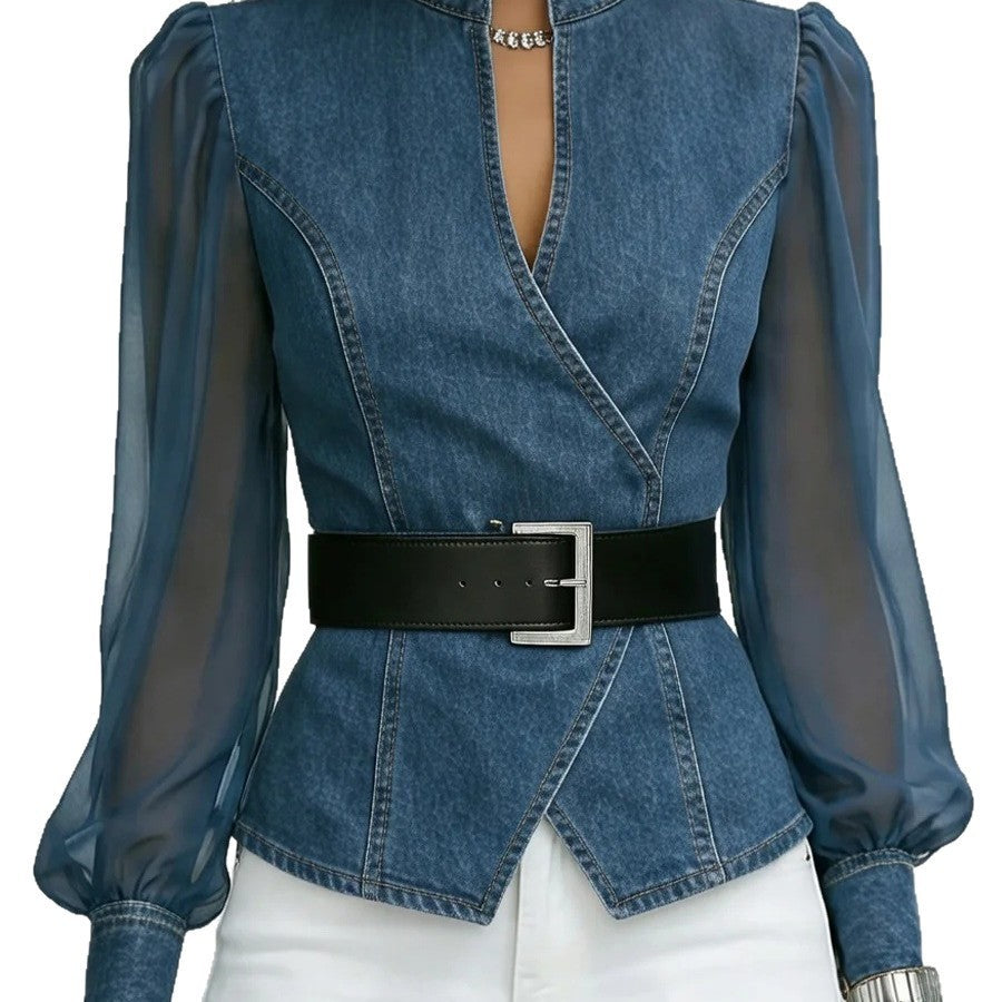 Kvinnors denimblus med transparenta ärmar och figurnära design Mirla-Eva Jonsson