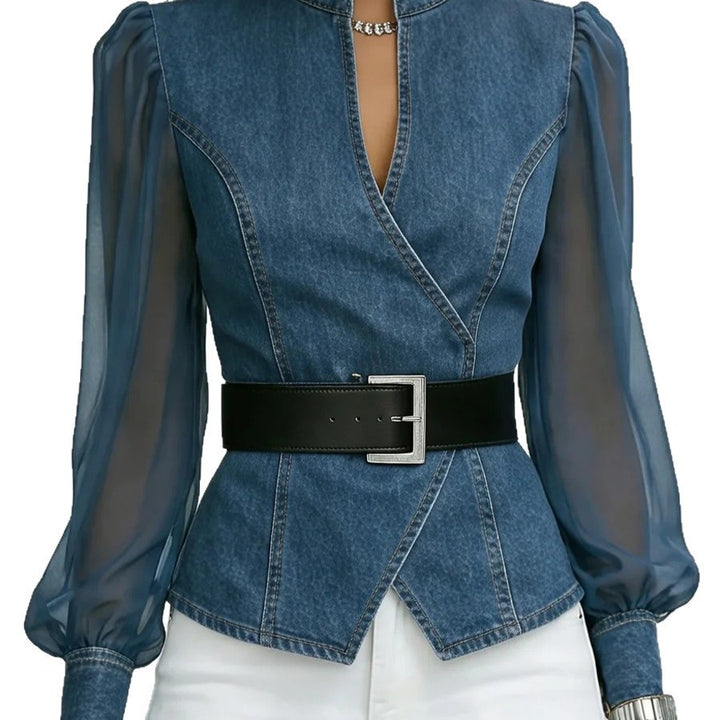 Kvinnors denimblus med transparenta ärmar och figurnära design Mirla-Eva Jonsson
