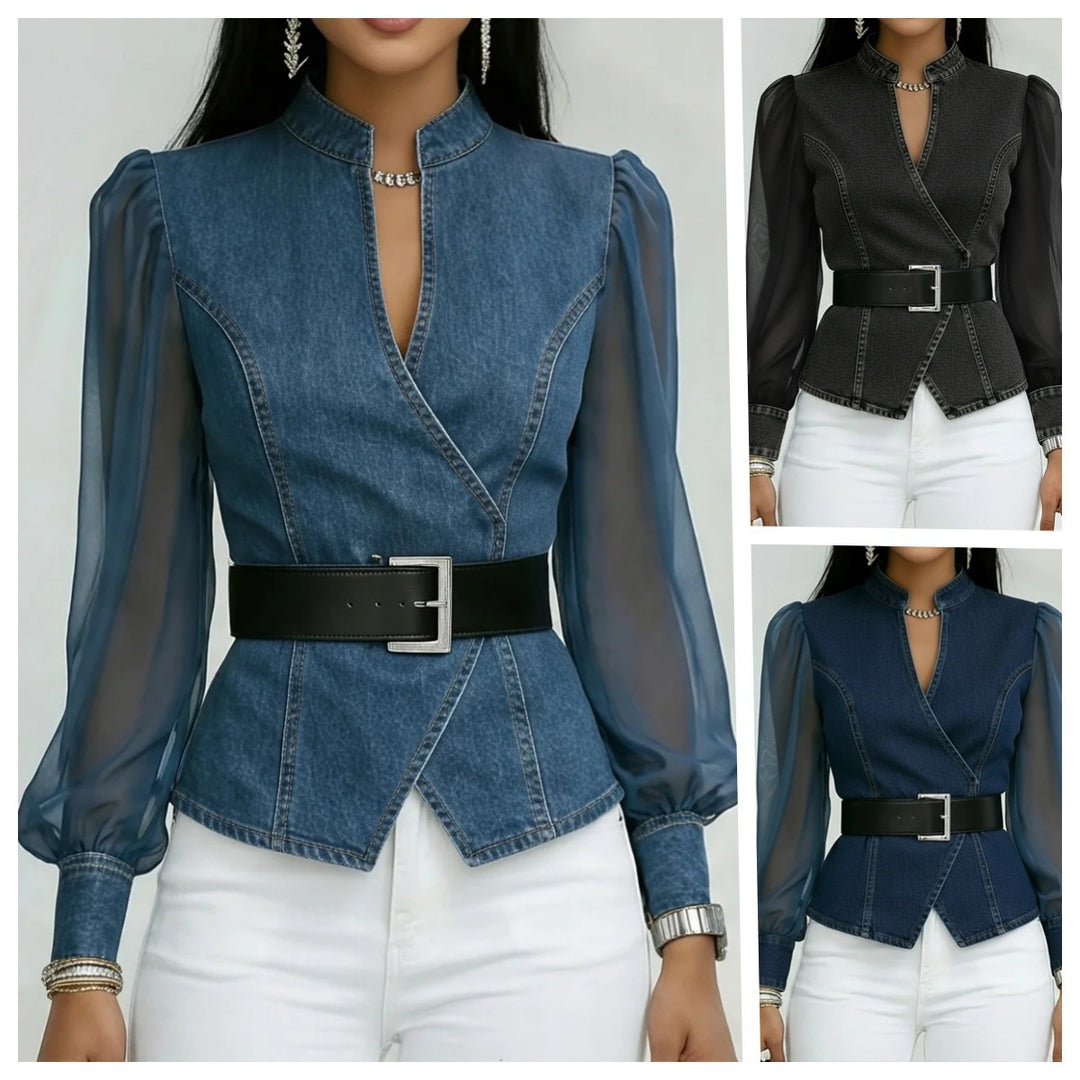 Kvinnors denimblus med transparenta ärmar och figurnära design Mirla-Eva Jonsson