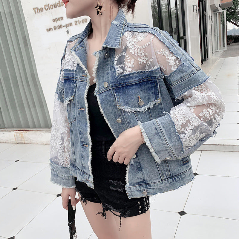 Kvinnors denimjacka med transparent spetsdekoration Mirla-Eva Jonsson