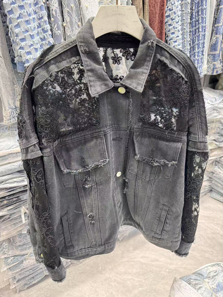 Kvinnors denimjacka med transparent spetsdekoration Mirla-Eva Jonsson