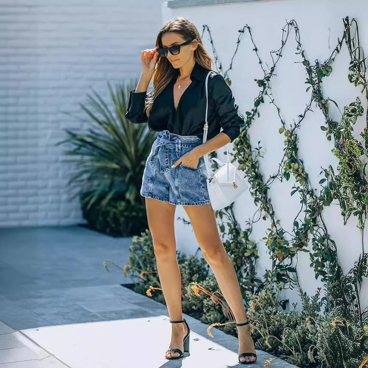 Kvinnors denimshorts med hög midja och bälte-Eva Jonsson