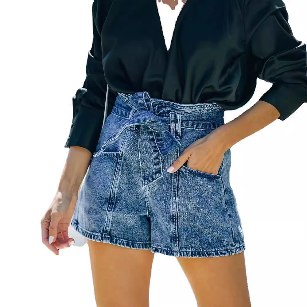 Kvinnors denimshorts med hög midja och bälte-Eva Jonsson