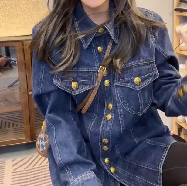 Kvinnors denimskjorta med guldknappar Mirla-Eva Jonsson