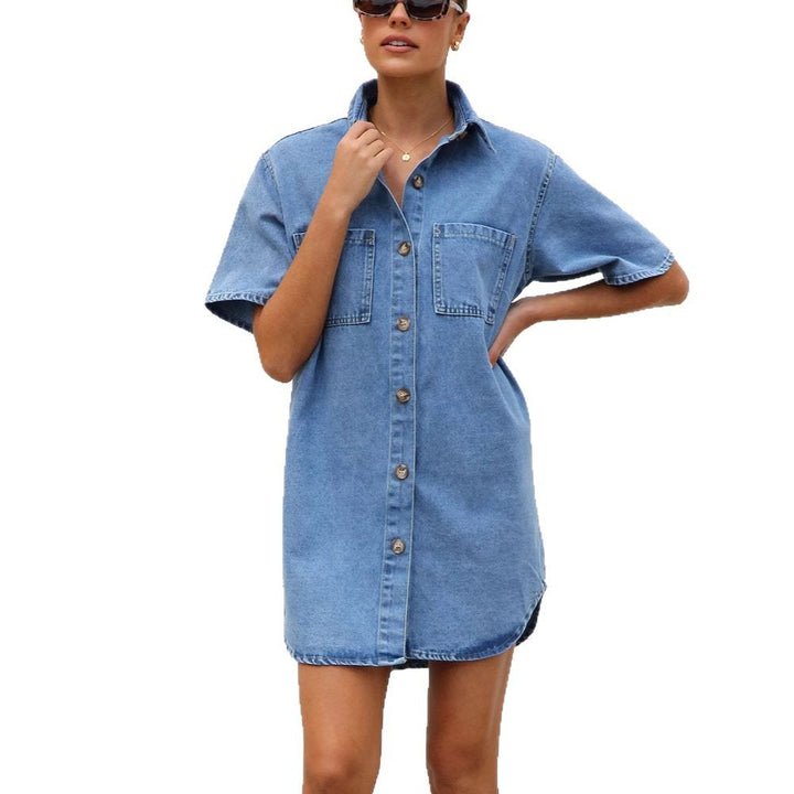 Kvinnors denimskjortklänning med korta ärmar och praktiska fickor-Eva Jonsson
