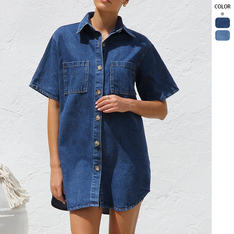Kvinnors denimskjortklänning med korta ärmar och praktiska fickor-Eva Jonsson
