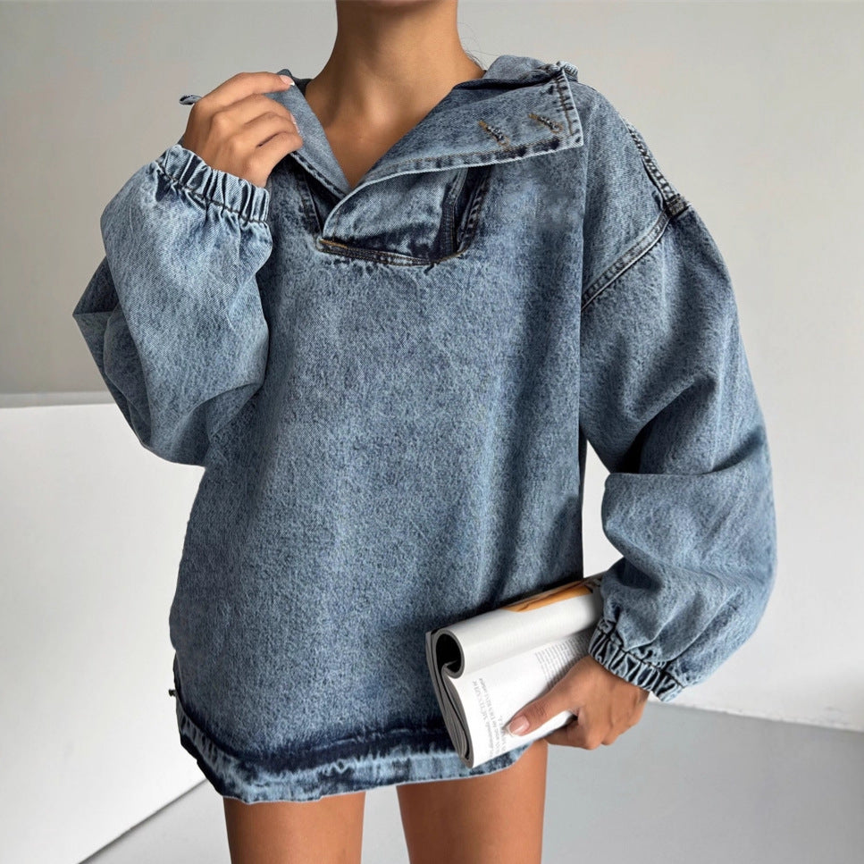 Kvinnors denimtröja med huva och vida ärmar Mirla-Eva Jonsson