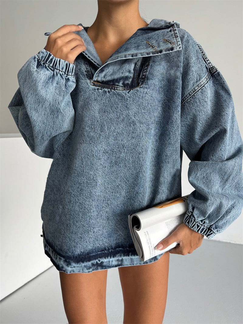Kvinnors denimtröja med huva och vida ärmar Mirla-Eva Jonsson