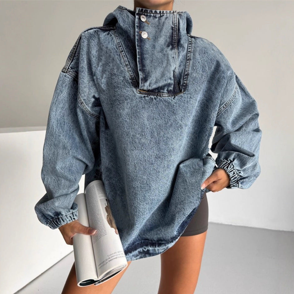 Kvinnors denimtröja med huva och vida ärmar Mirla-Eva Jonsson
