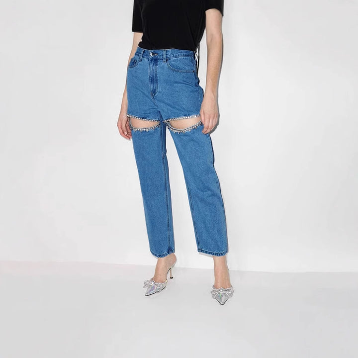 Kvinnors designer förstörda jeans med glansiga applikationer Mirla-Eva Jonsson