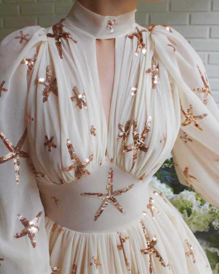 Kvinnors elegant aftondress med praktfull genomskinlighet och glittrande paljetter-Eva Jonsson