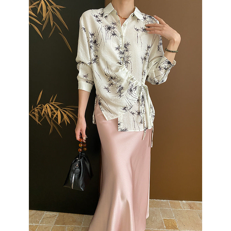 Kvinnors elegant blus skjorta med omslag design och blommönster Mirla-Eva Jonsson