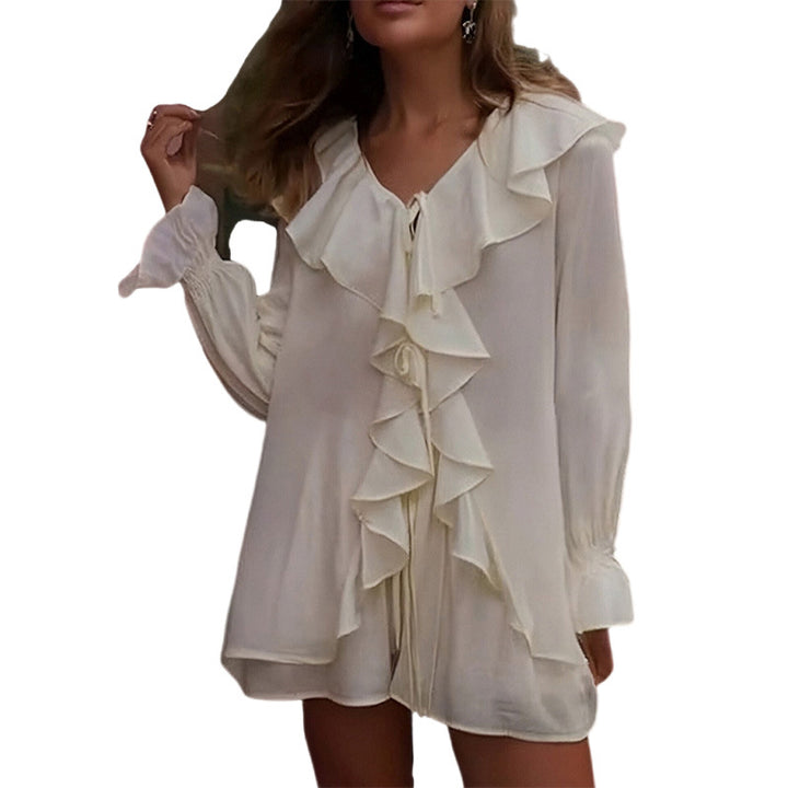 Kvinnors elegant blus topp med volangdetaljer och band Mirla-Eva Jonsson