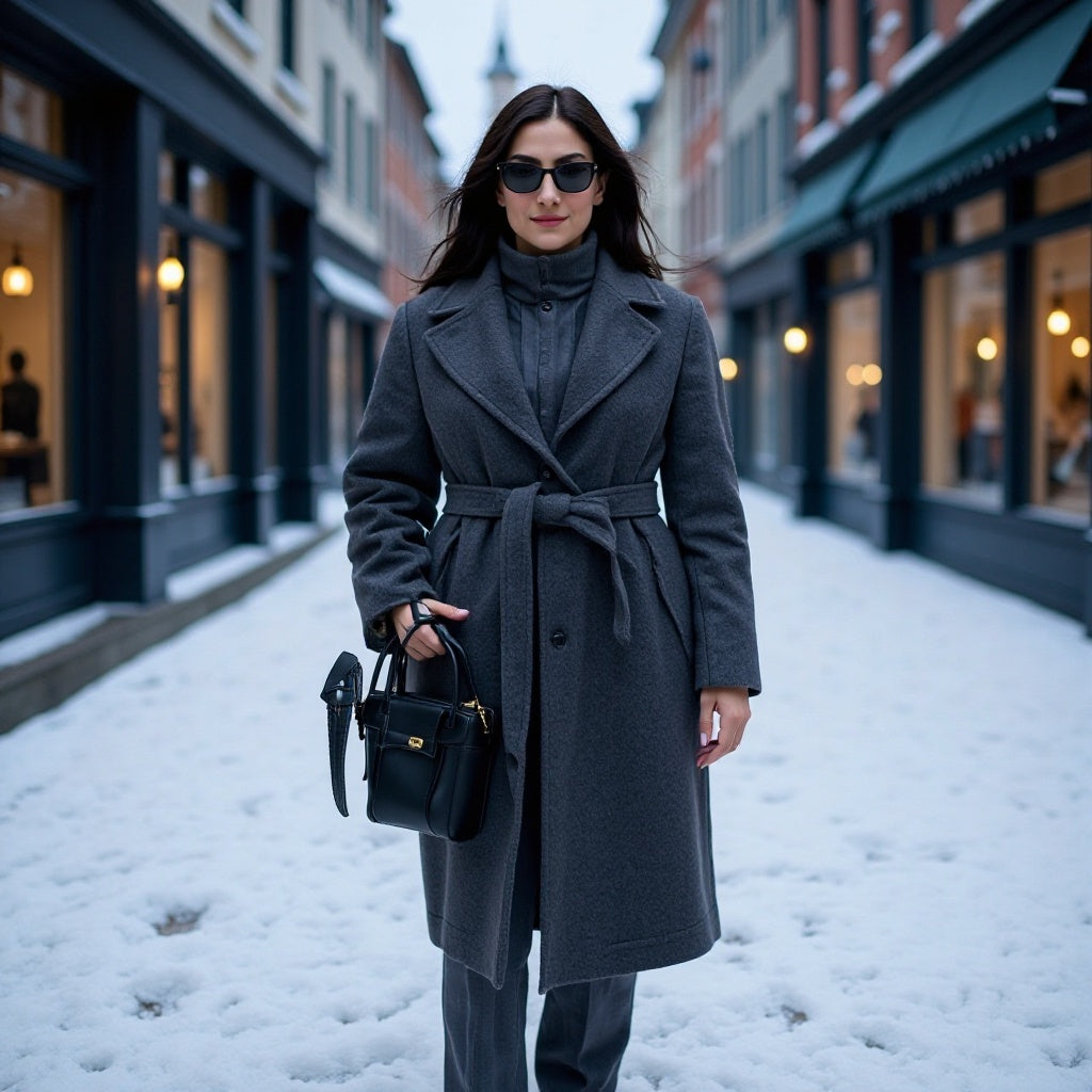 Kvinnors elegant kappa av högkvalitativ ullblandning med bälte och hög krage Mirla-Eva Jonsson