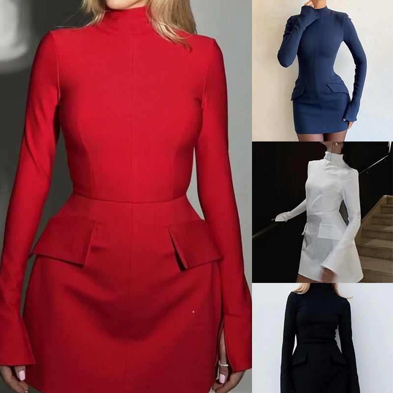 Kvinnors elegant klänning med hög krage och fickor Mirla-Eva Jonsson
