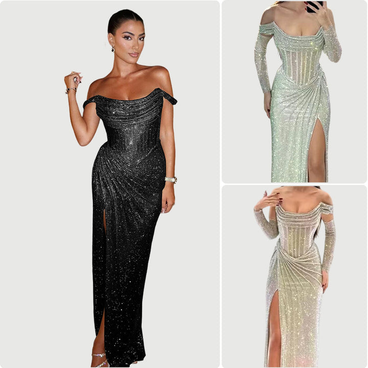 Kvinnors elegant kvällsklänning med glittrande smycke detaljer och draperad kjol-Eva Jonsson