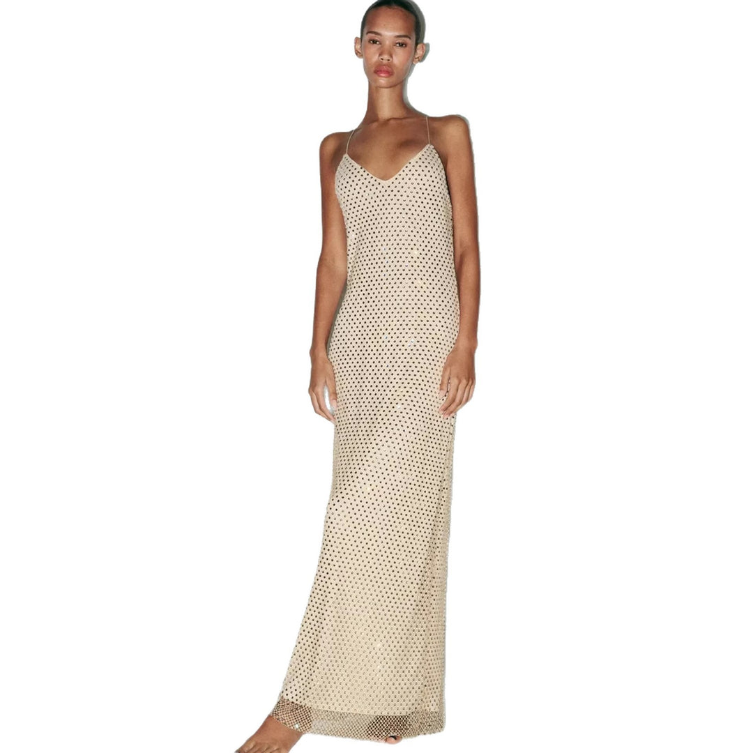 Kvinnors elegant maxi klänning med raffinera nät detaljer och smala spagetti band-Eva Jonsson
