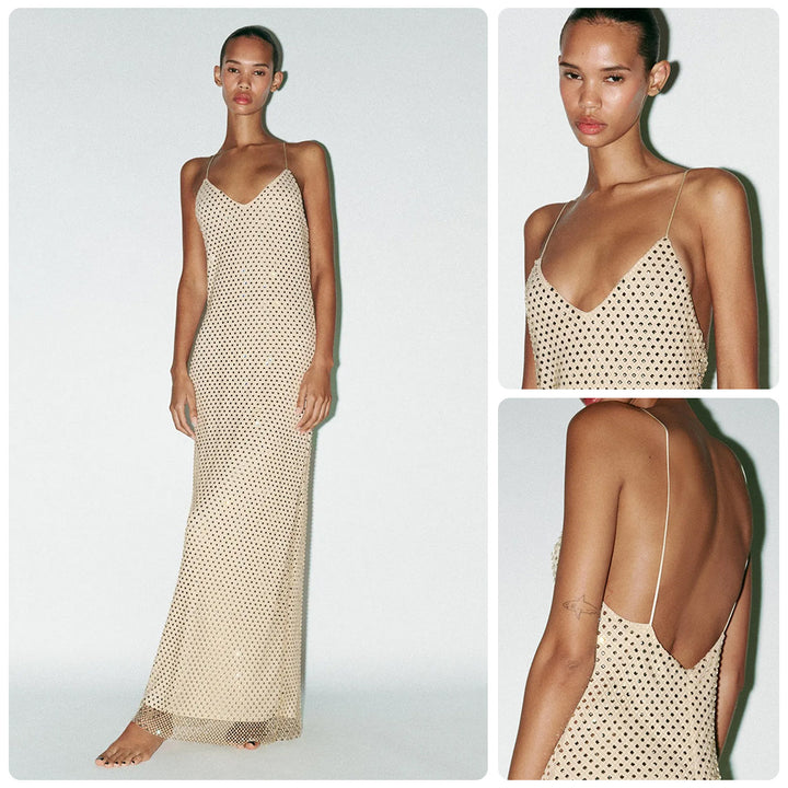 Kvinnors elegant maxi klänning med raffinera nät detaljer och smala spagetti band-Eva Jonsson