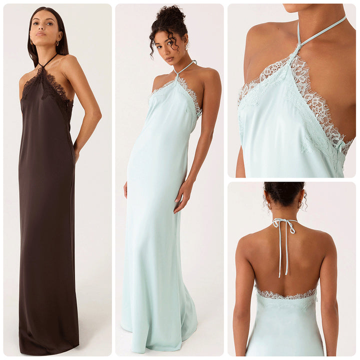 Kvinnors elegant maxi klänning med sofistikerad spets bustier och flödande tyg-Eva Jonsson