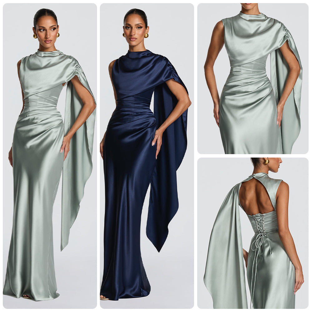 Kvinnors elegant maxiklänning med asymmetrisk topp och flödande satin-Eva Jonsson