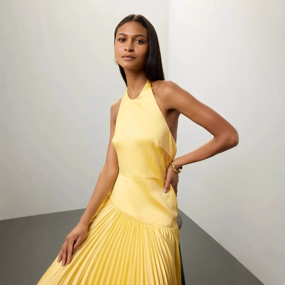 Kvinnors elegant maxiklänning med flödande plisserad kjol och halterneckdesign-Eva Jonsson