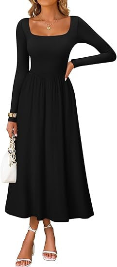 Kvinnors elegant midi klänning med fyrkantig halsringning och långa ärmar Mirla-Eva Jonsson