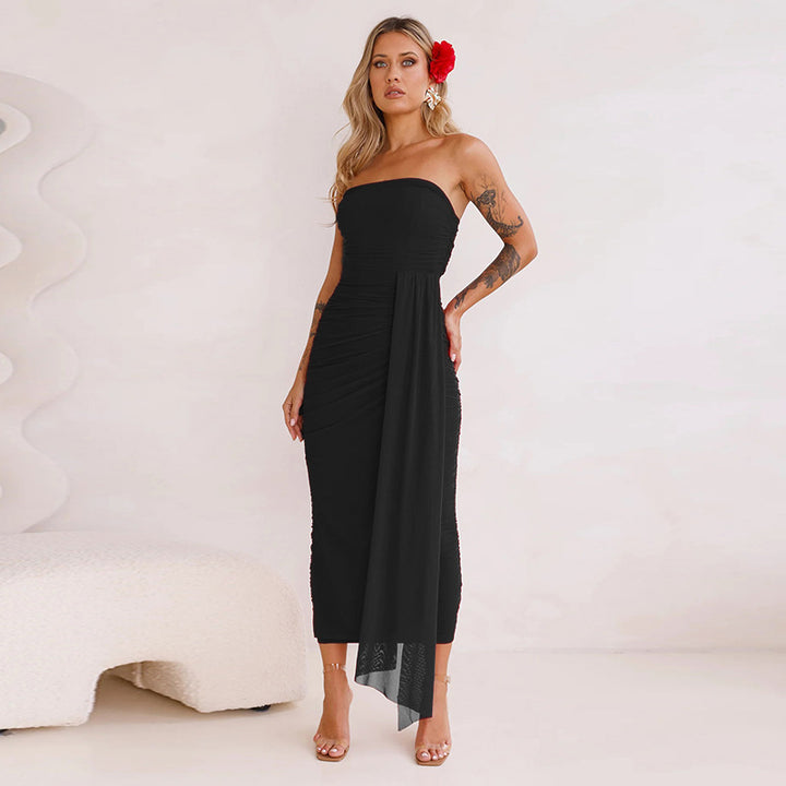 Kvinnors elegant omslag klänning med skräddarsydd siluett och av-axlar design-Eva Jonsson