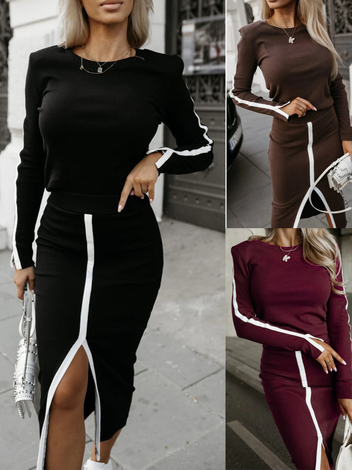 Kvinnors elegant stickad klänning med sidoklyfta och kontraststripes Mirla-Eva Jonsson